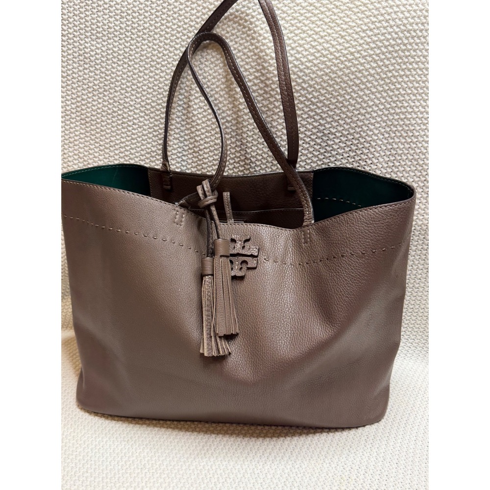 Tory Burch McGraw Tote Taupe Pebbled Leather Shoulder Bag with Tassel
